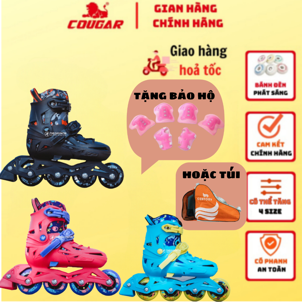 Giày Patin Trẻ Em COUGAR - Flying Eagle NT2, Giày Trượt Patin Form Nhựa Có Thể Tháo Rời Boot, Tặng Kèm Bảo Vệ Tay Chân