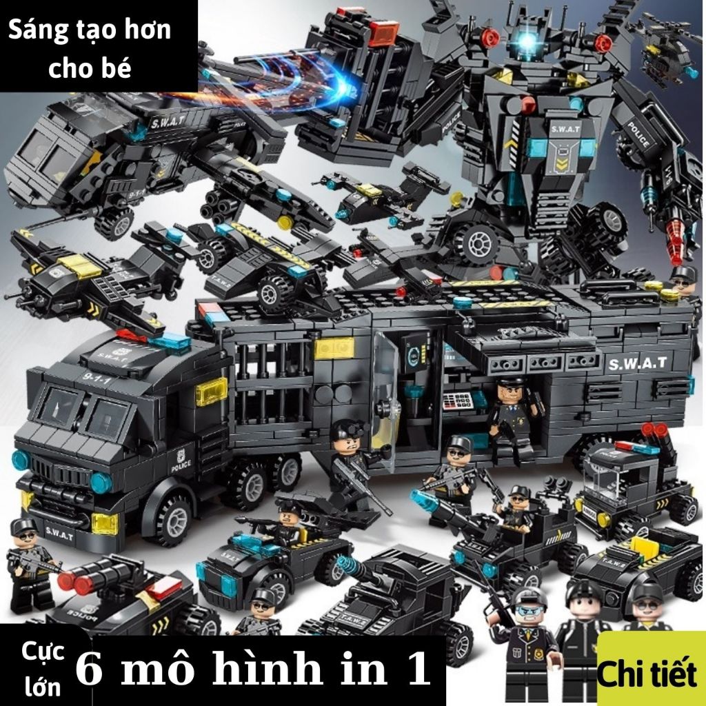 Lắp ráp mô hình cảnh sát đặc nhiệm swa.t 6in 1 700 chi tiết, chiến hạm, tàu không gian