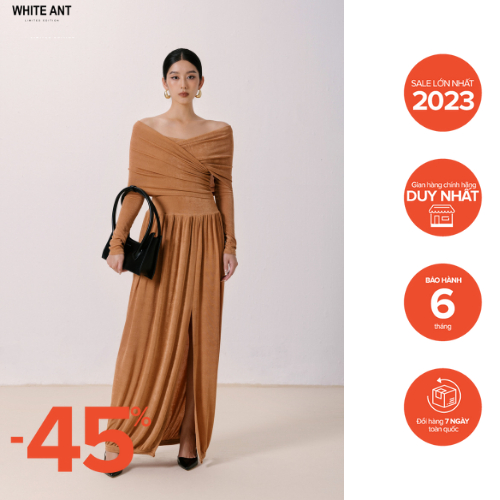 Đầm Trễ Vai Dập Ly Nữ White Ant KEANE CIRCULAR DRESS Chất Liệu Vải Lazong Cao Câp 120400223