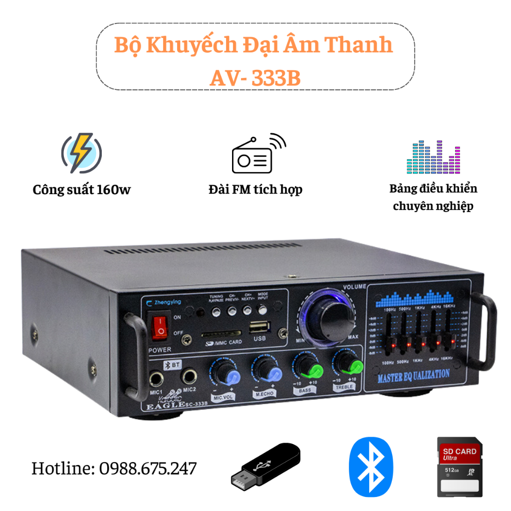 Amply Bluetooth AV-333B, Công suất đầu ra 160W/ 220V. Amply Bluetooth HiFi 2 Mic 2 Kênh. Bảo hành 12 tháng.