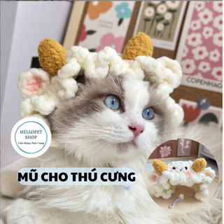 Mũ len cho chó mèo hình con cừu bông dễ thương, Mũ đan len có quai cho thú cưng, Phụ kiện chó mèo đan len nhiều size