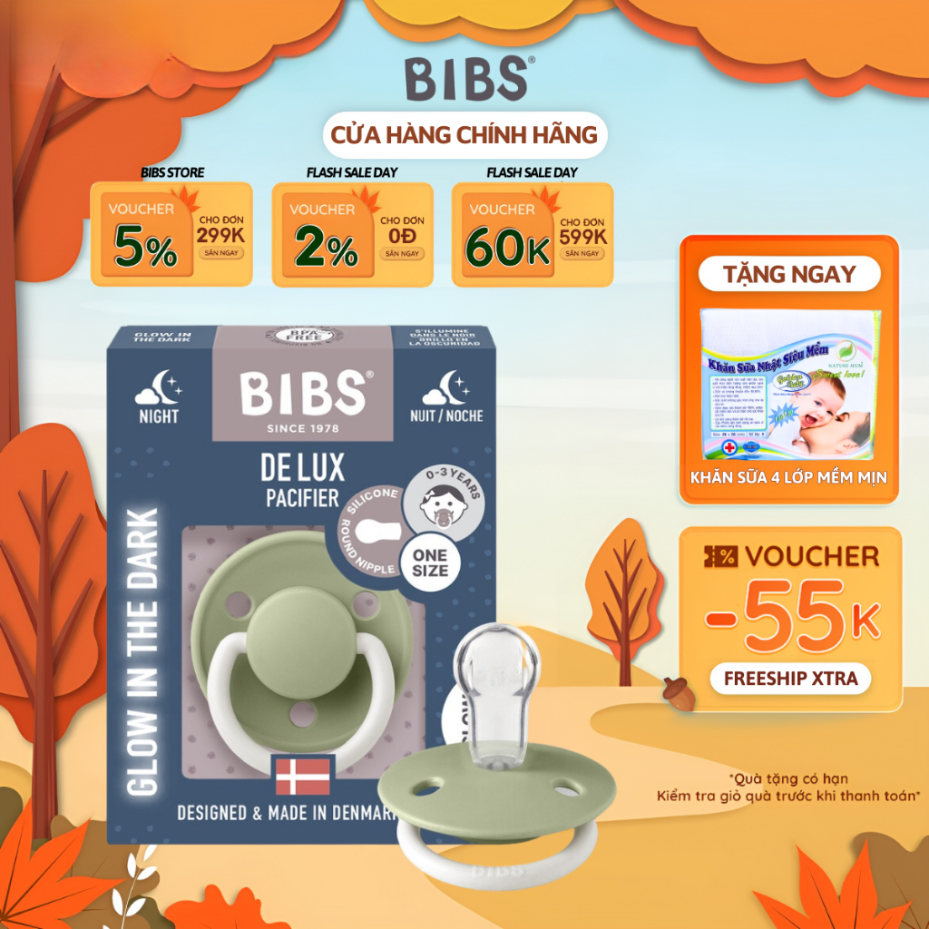 Ti Giả BIBS Delux Phát Quang, Núm Ti Giả Cho Bé Ngậm Hỗ Trợ Chỉnh Nha Đầu Dẹt Silicone Mềm Mại Cho Bé Từ 0-36 Tháng