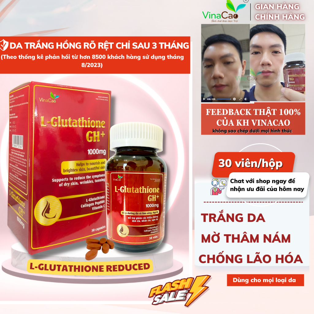 [CHÍNH HÃNG] Viên uống trắng da mờ nám cao cấp L-Glutathione GH+ 1000mg Vinacao dùng trong 1 tháng giảm thâm nám