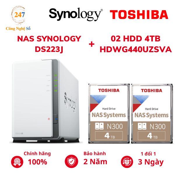 Combo Thiết bị lưu trữ mạng NAS Synology DS223j và Ổ cứng HDD Toshiba