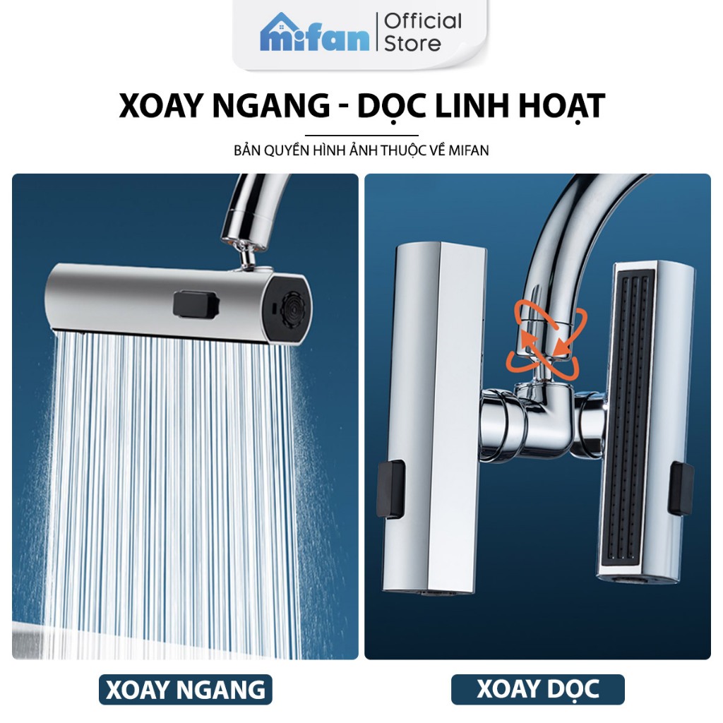 Đầu Vòi Rửa Bát Tăng Áp 3 Chế Độ Phun Mưa Bay Mifan - Khớp nối đồng thau, xoay 360 độ, sục khí chống bắn nước bồn rửa