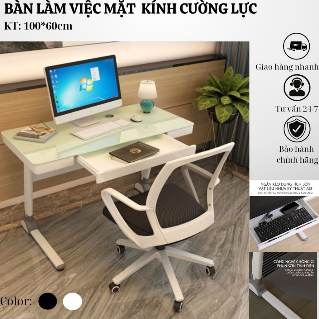 Bàn Làm Việc Mặt Kính Cao Cấp,Bàn Làm Việc Văn Phòng Thông Minh Có Hộp Chứa Đồ