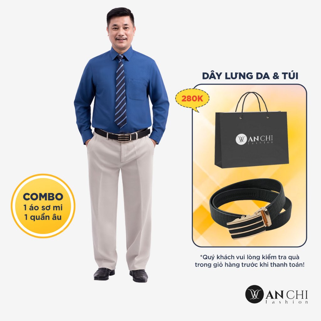 Combo áo sơ mi nam classic dài tay xanh than &amp; quần âu vải tăm màu kem trung niên ANCHI - COMBO03