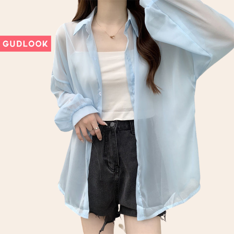 Áo Sơ Mi Voan Mỏng Trong GUDLOOK voan tơ form rộng đi chơi đi biển màu trắng đen xanh