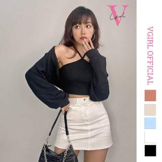  Set áo croptop cổ yếm VGIRL kèm áo khoác cardigan tay bồng khoác lửng chất len mềm  ẢNH ĐỘC QUYỀN  