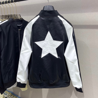  Áo khoác da bomber nam nữ Dolce Level thêu hình ngôi sao lưng phối tay sọc đen trắng lót gió 2 lớp AK104P 