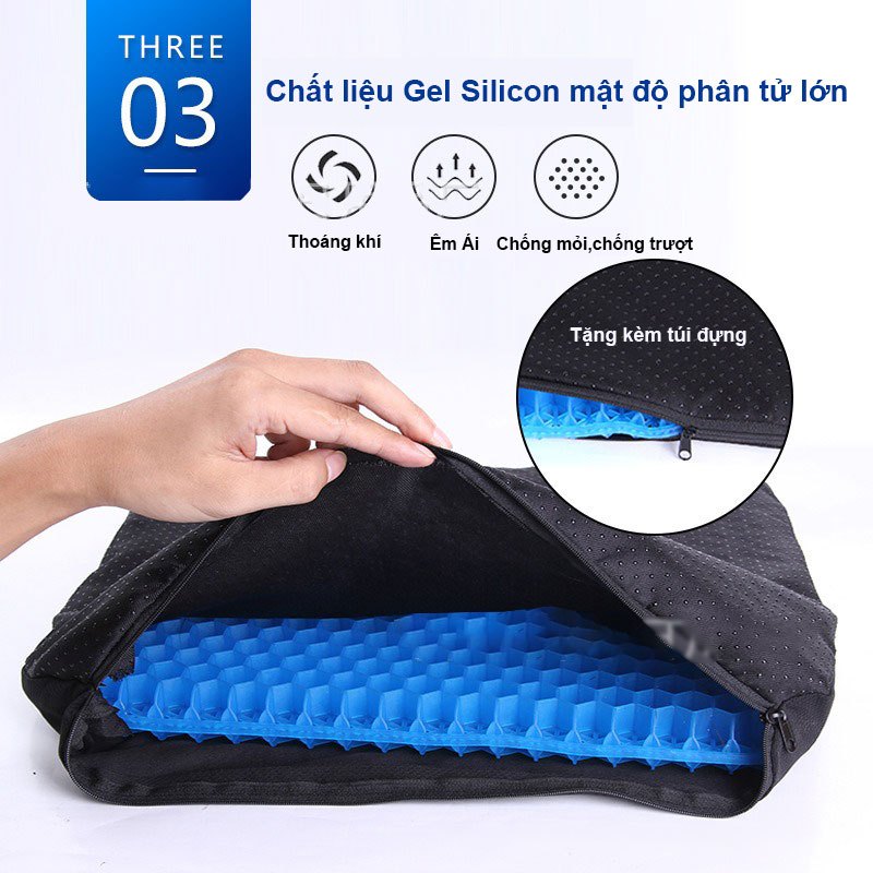 Đệm Ngồi 3D 2 Lớp Siêu Êm 1400G Thoáng Khí - Văn Phòng Đệm Gel Tổ Ong Đàn Hồi Lót Ghế Massage- Chống Đau Mỏi Lưng kèm vỏ