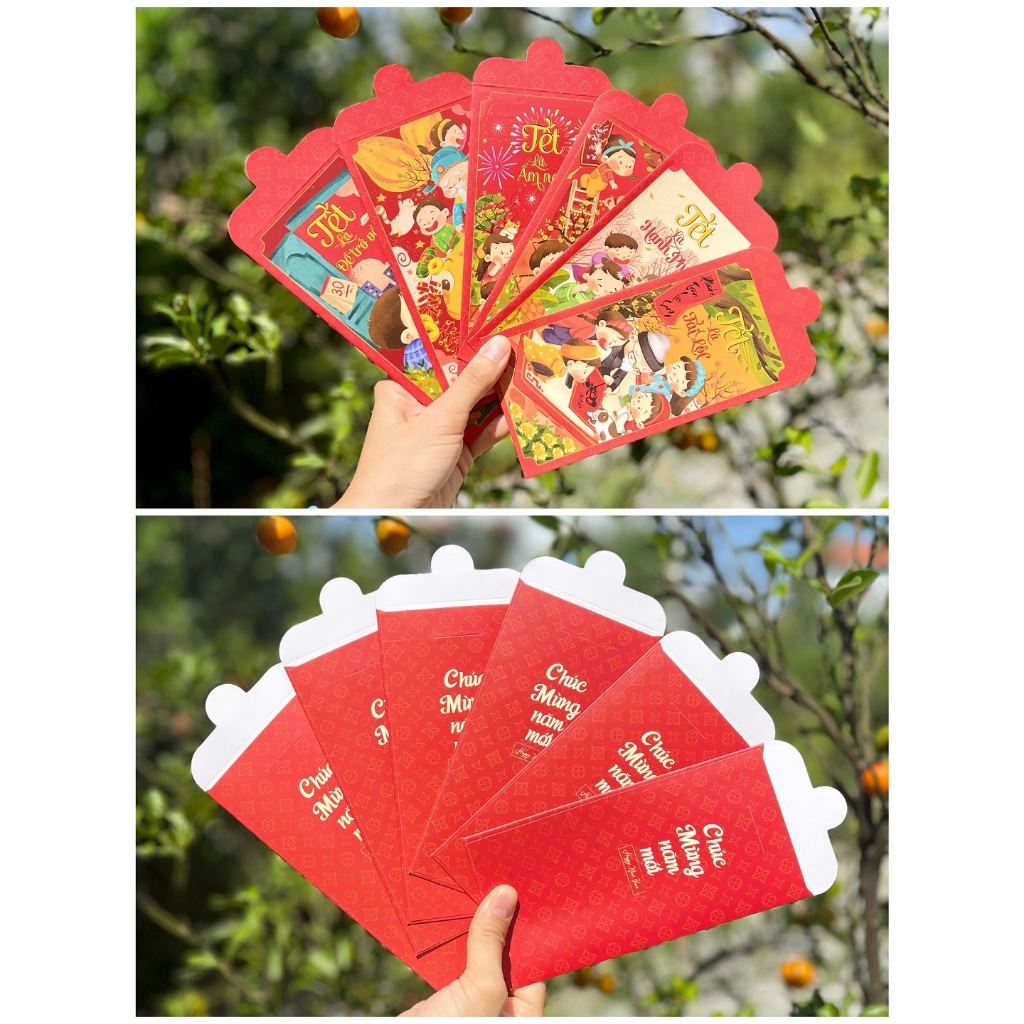Sét 12 Bao Lì Xì Tết thiết kế đặc sắc - Hình Tết sum vầy đoàn viên - Giấy C150 cán mờ in sắc nét