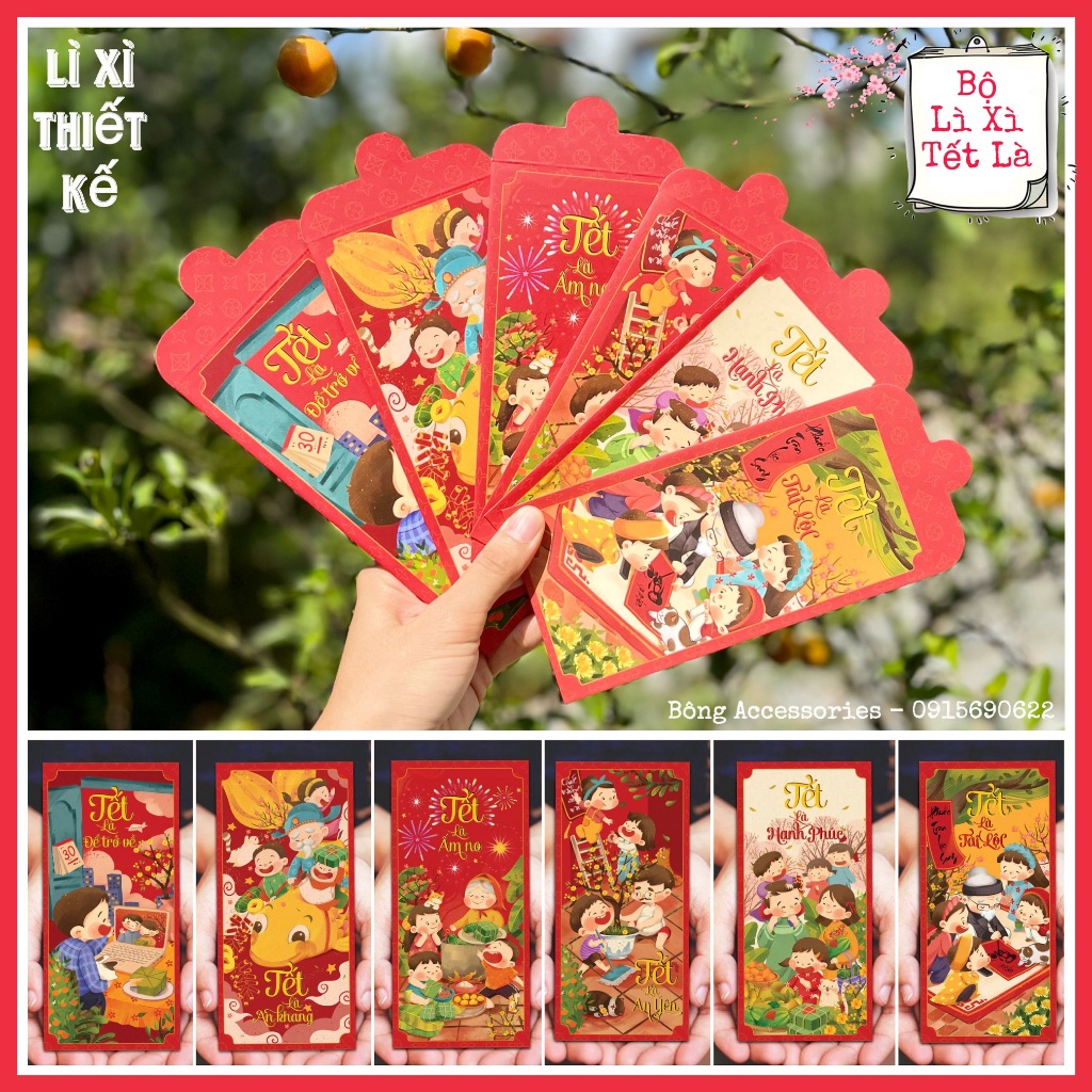 Sét 12 Bao Lì Xì Tết thiết kế đặc sắc - Hình Tết sum vầy đoàn viên - Giấy C150 cán mờ in sắc nét
