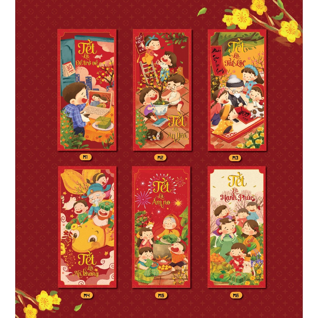 Sét 12 Bao Lì Xì Tết thiết kế đặc sắc - Hình Tết sum vầy đoàn viên - Giấy C150 cán mờ in sắc nét