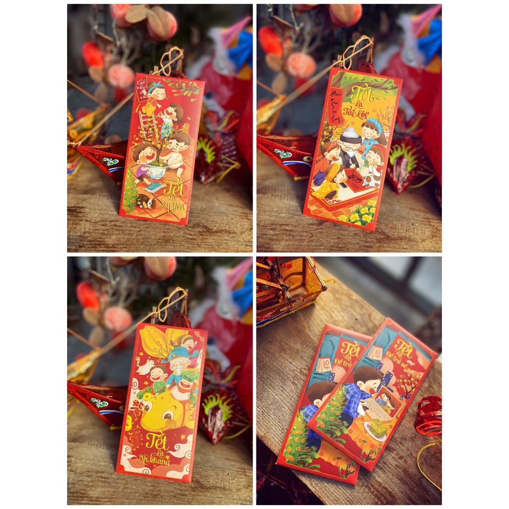 Sét 12 Bao Lì Xì Tết thiết kế đặc sắc - Hình Tết sum vầy đoàn viên - Giấy C150 cán mờ in sắc nét