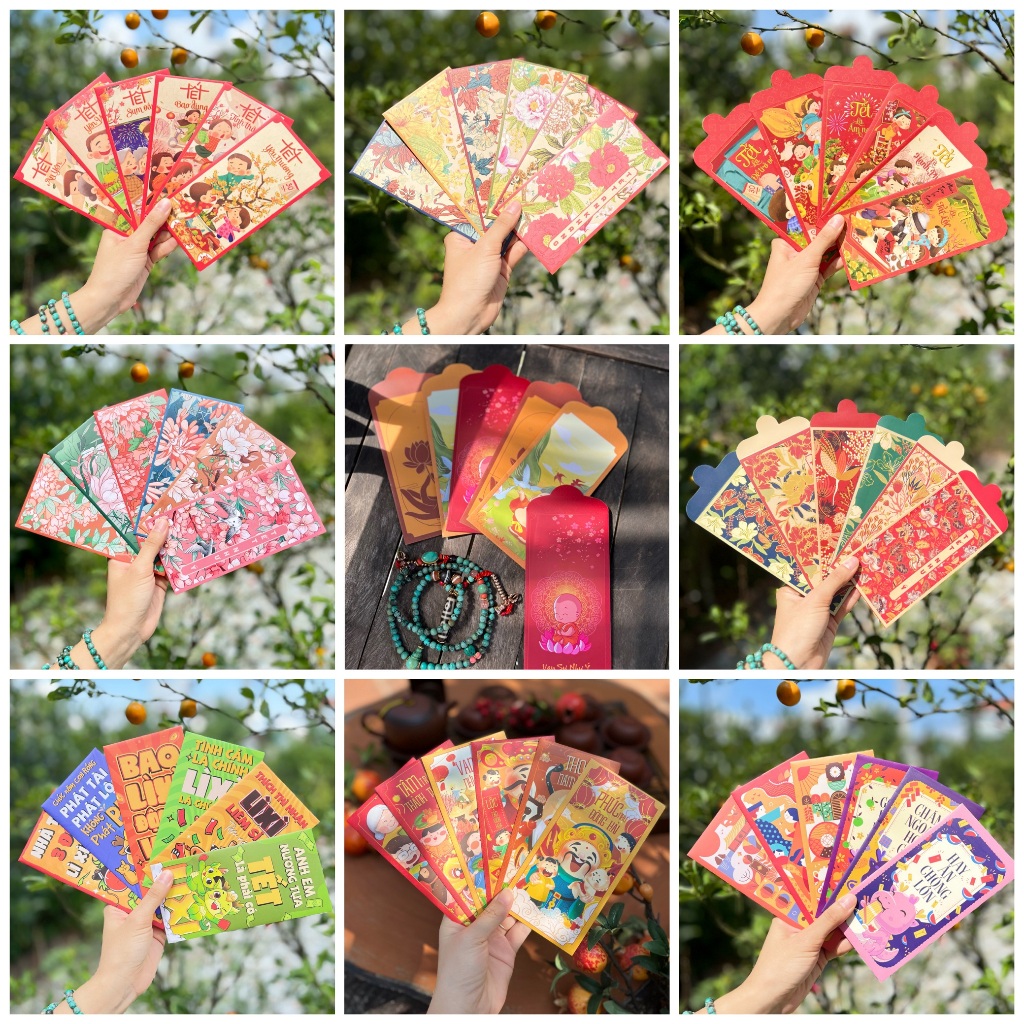 Sét 12 Bao Lì Xì Tết thiết kế đặc sắc - Hình màu sắc nghệ thuật độc đáo - Giấy C150 cán mờ in sắc nét