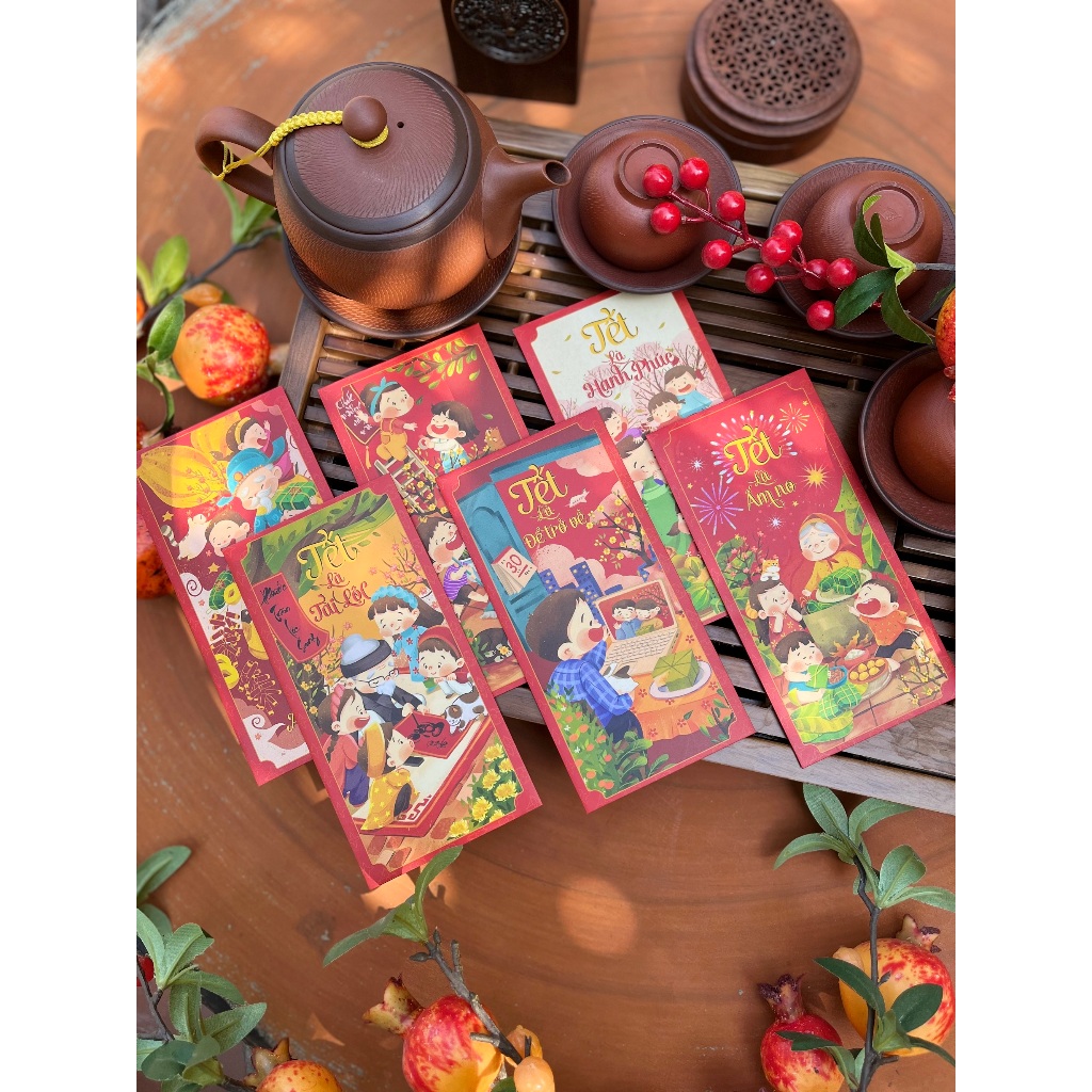 Sét 12 Bao Lì Xì Tết thiết kế đặc sắc - Hình Tết sum vầy đoàn viên - Giấy C150 cán mờ in sắc nét