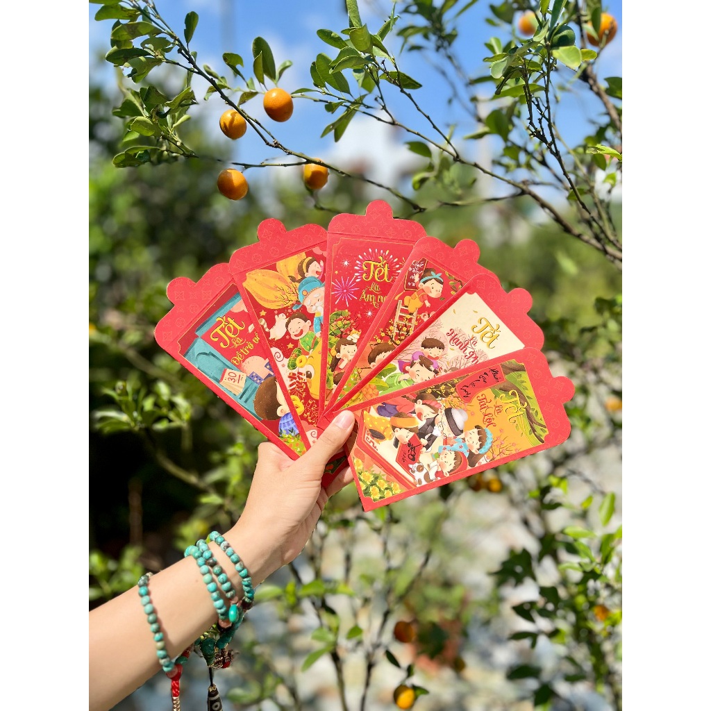 Sét 12 Bao Lì Xì Tết thiết kế đặc sắc - Hình Tết sum vầy đoàn viên - Giấy C150 cán mờ in sắc nét