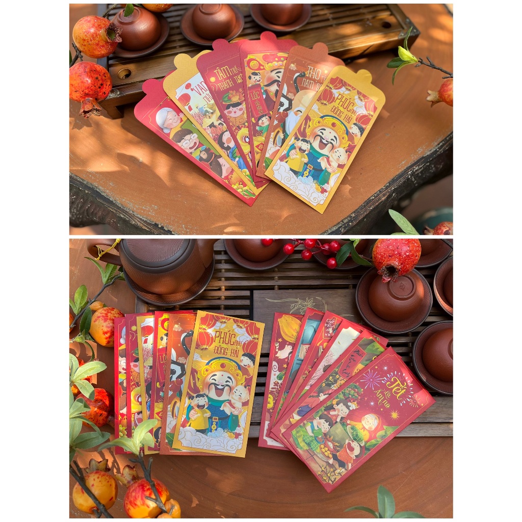 Sét 12 Bao Lì Xì Tết thiết kế đặc sắc - Hình ông Phúc Lộc Thọ - Giấy C150 cán mờ in sắc nét