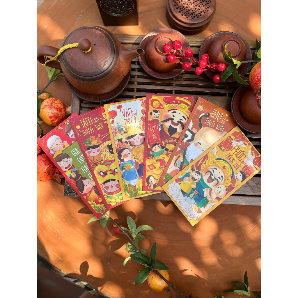Sét 12 Bao Lì Xì Tết thiết kế đặc sắc - Hình ông Phúc Lộc Thọ - Giấy C150 cán mờ in sắc nét