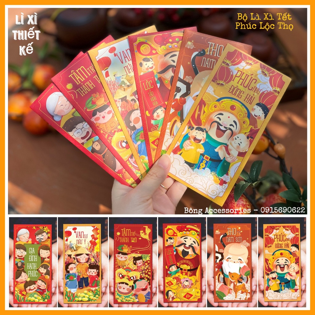 Sét 12 Bao Lì Xì Tết thiết kế đặc sắc - Hình ông Phúc Lộc Thọ - Giấy C150 cán mờ in sắc nét
