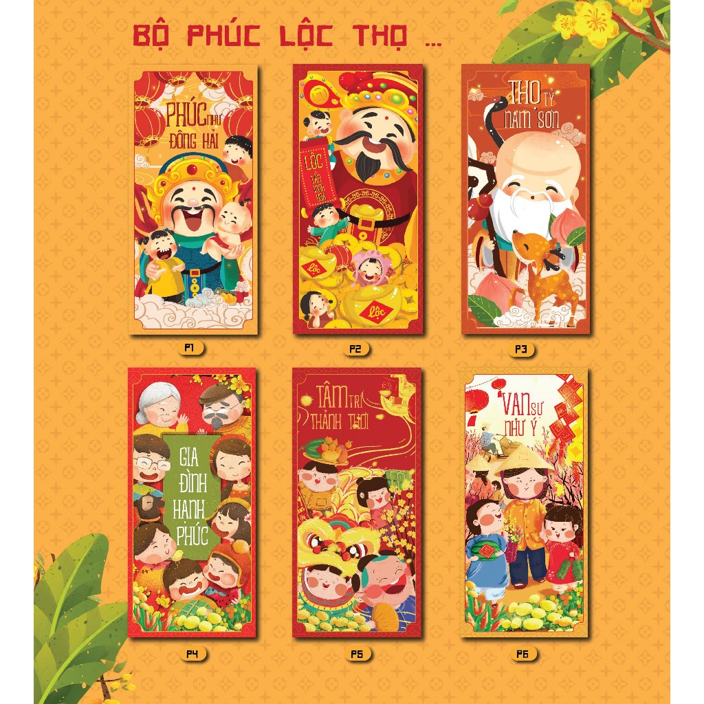 Sét 12 Bao Lì Xì Tết thiết kế đặc sắc - Hình ông Phúc Lộc Thọ - Giấy C150 cán mờ in sắc nét
