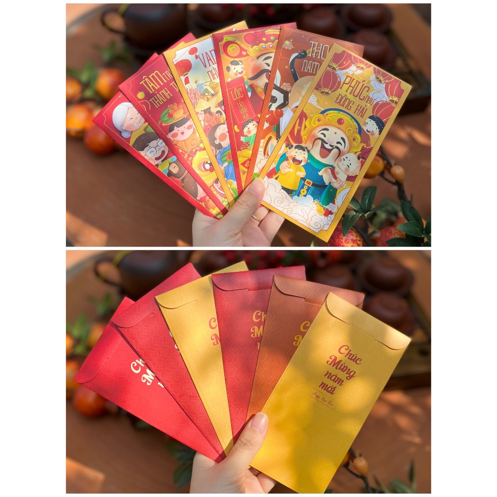 Sét 12 Bao Lì Xì Tết thiết kế đặc sắc - Hình ông Phúc Lộc Thọ - Giấy C150 cán mờ in sắc nét