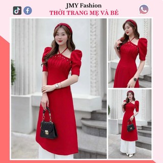 S201 Set áo dài cách tân đỏ cổ yếm đính ngọc sang chảnh [TH Hà Thanh] set áo dài cổ yếm tay bồng nữ tính