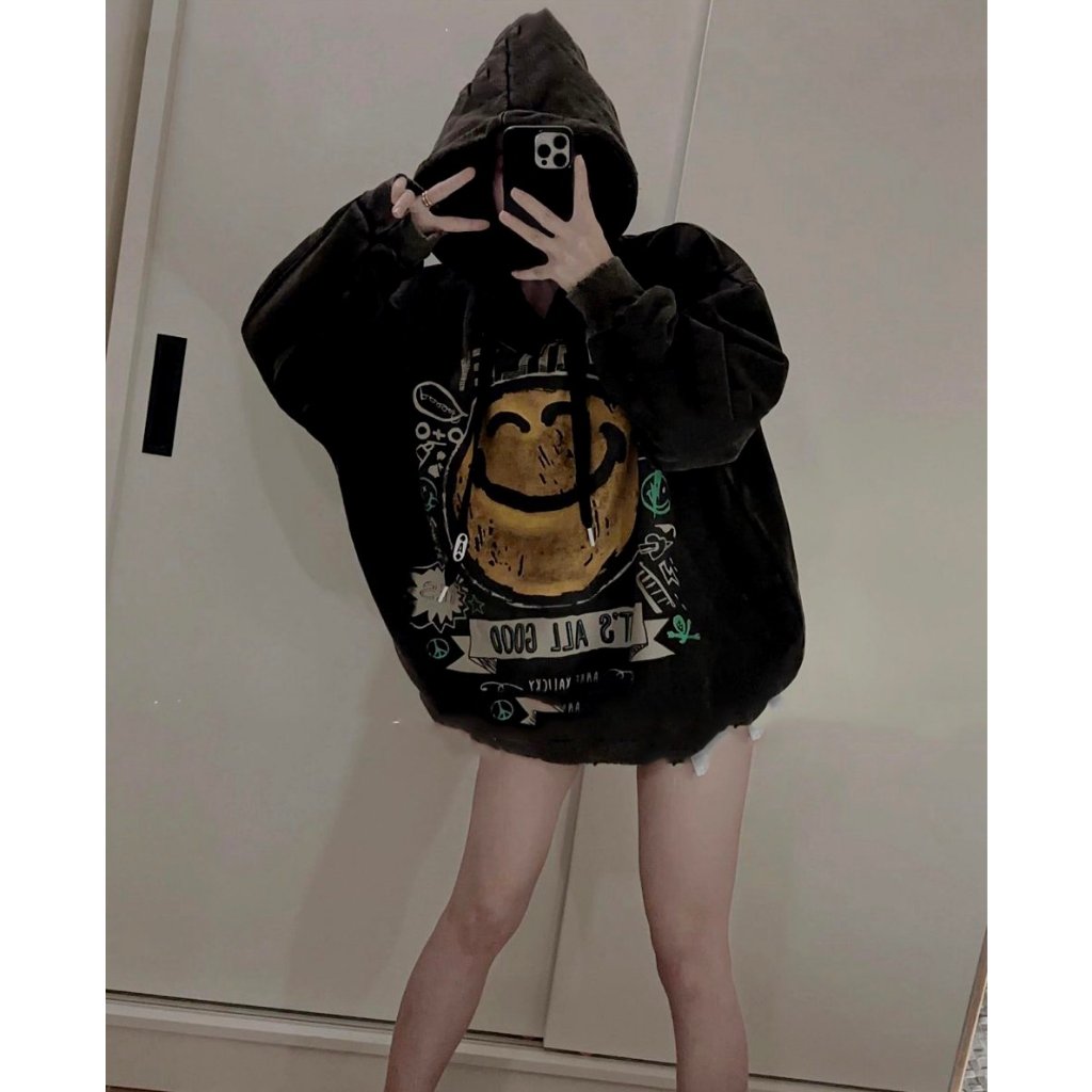 Áo hoodie nỉ Mặt Cười Vàng nam nữ form rộng, áo nỉ mũ 2 lớp, mùa đông unisex vải nỉ Tàu ép lông nhung dày dặn,đầm tay mặ