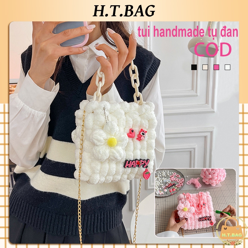 Túi xách nữ đeo chéo túi handmade tự đan Dễ Thương Trang trí gấu dâu hoa Món quà sinh nhật