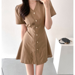 Đầm cổ V basic gài nút xanh đen be trắng dạo phố công sở