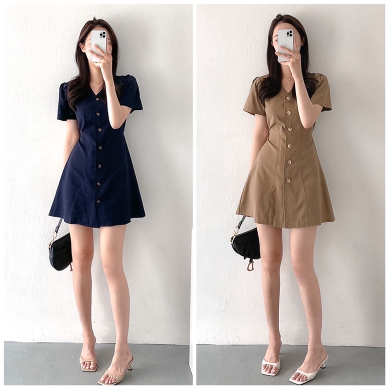 Đầm cổ V basic gài nút xanh đen be trắng dạo phố công sở