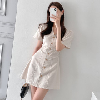 Đầm cổ V basic gài nút xanh đen be trắng dạo phố công sở
