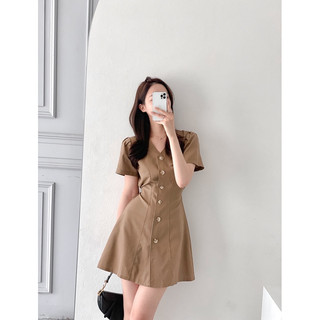 Đầm cổ V basic gài nút xanh đen be trắng dạo phố công sở