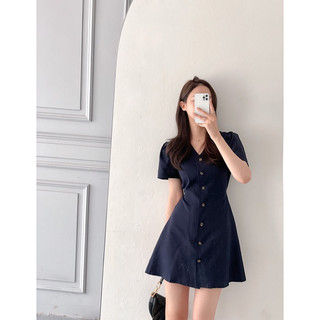 Đầm cổ V basic gài nút xanh đen be trắng dạo phố công sở