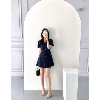 Đầm cổ V basic gài nút xanh đen be trắng dạo phố công sở