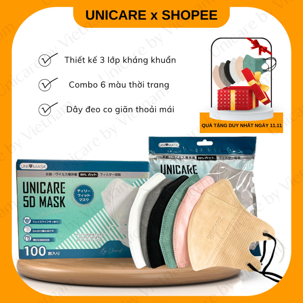 UNICARE 100 Chiếc Khẩu Trang 5D Unimask Chính Hãng Ngăn Ngừa Khói Bụi Cản Tia UV Thế Hệ Mới