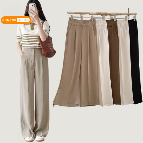 Quần nữ ống rộng Goness cạp bản to 2 khuy lưng cạp cao baggy chất vải dáng dài suông loe culottes xuông nhiều màu