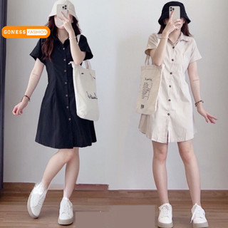 Váy đầm nữ Goness đẹp tay ngắn cổ sơmi dáng suông basic chất vải thô kaki cúc cài lưng chun chiết eo nhiều màu