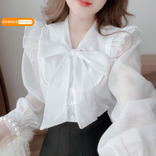 Áo sơ mi nữ Goness dài tay form rộng kiểu sơmi cổ thắt nơ chất vải voan thiết kế tay bồng cánh tiên phối thời trang