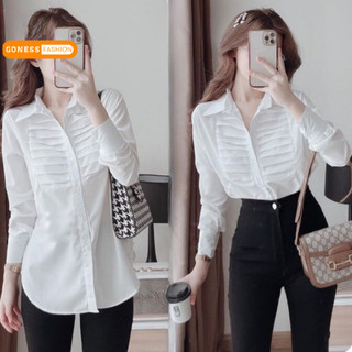 Áo sơ mi nữ Goness cổ sơ mi dài tay dáng suông basic trắng phối sọc ngang phong cách đi học công sở nhẹ nhàng thanh lịch