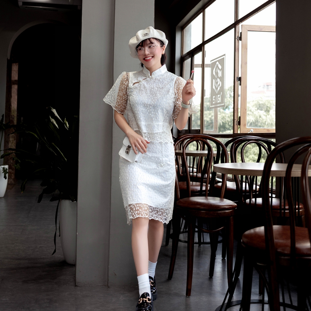 Set áo váy ren tiểu thư sang trọng hai lớp, áo cổ tàu tay cánh tiên , chân váy chữ A Lys&Key by Lyslee [ A051 ]