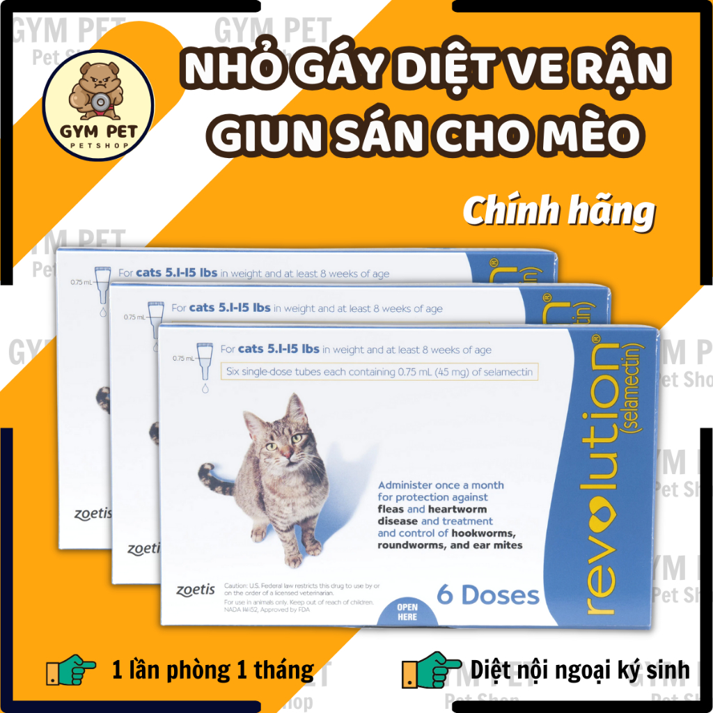 REVOLUTION nhỏ gáy cho mèo lớn, mèo con, chó con diệt nội ngoại ký sinh ve rận, rận tai, giun tim, giun đũa