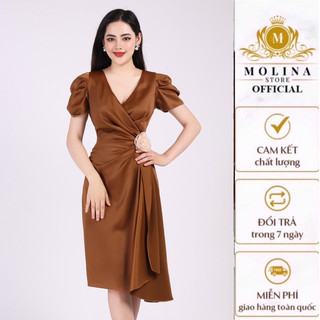 Đầm Lụa Trơn Thiết Kế Molina Hai Lớp Xếp Tà Chéo Đính Hoa Cổ V