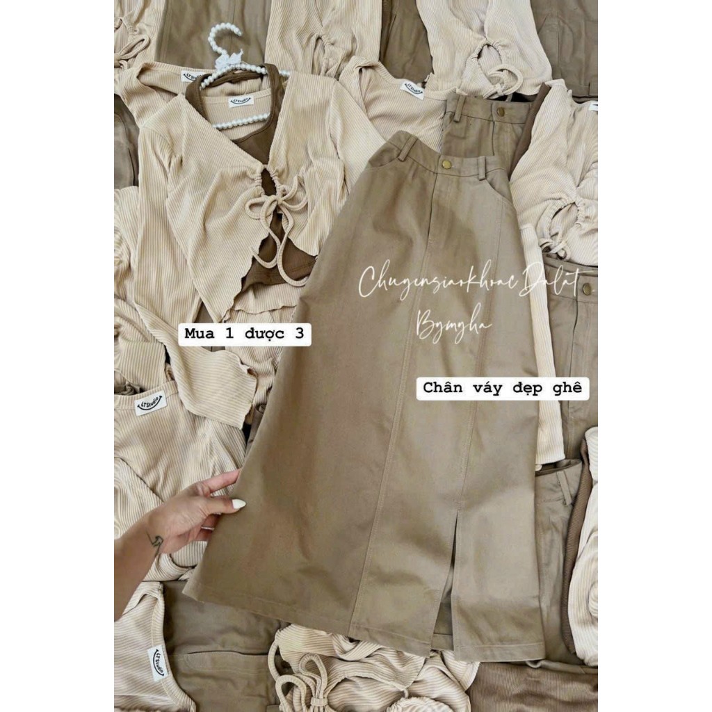 Set váy kèm áo khoác tay dài đính nút thời trang nữ sang chảnh chất kaki cổ dây không tay dáng chữ A xẻ lai maxi