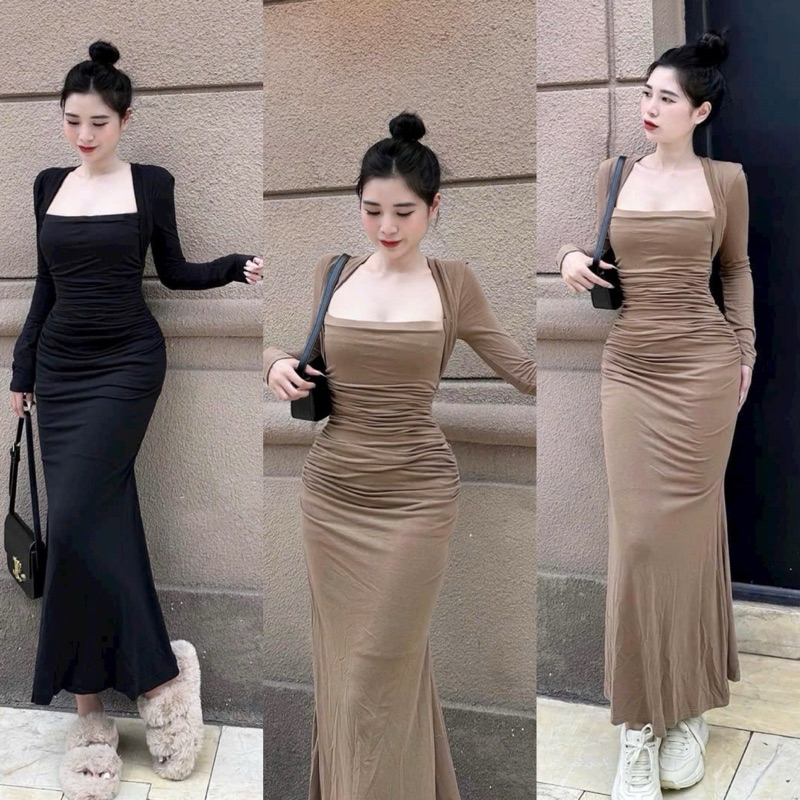 Váy Body Cổ Vuông Dài Tay Nhúm Eo Dáng Dài Đuôi Cá , Đầm Ôm Body Nhúm Eo Tôn Dáng