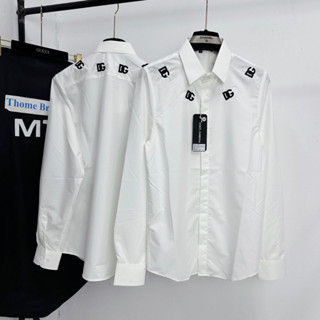 Áo sơ mi trắng nam dài tay trơn thêu logo chữ Đôn Chề quanh cổ che khuy dáng đơn giản basic SM85P