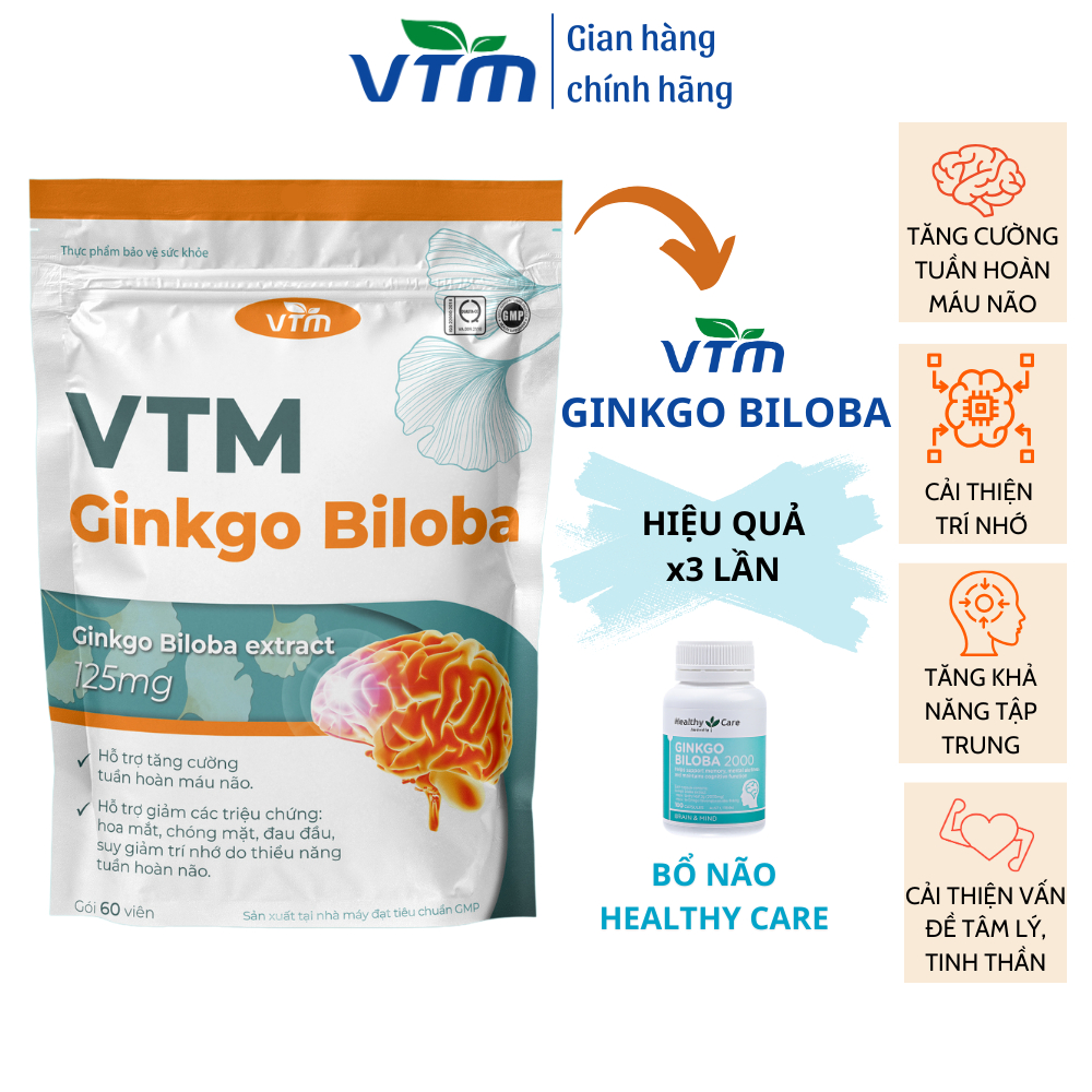 Viên uống bổ não VTM Ginkgo Biloba giảm hoa mắt, chóng mặt, tăng cường tuần hoàn máu - 60 viên