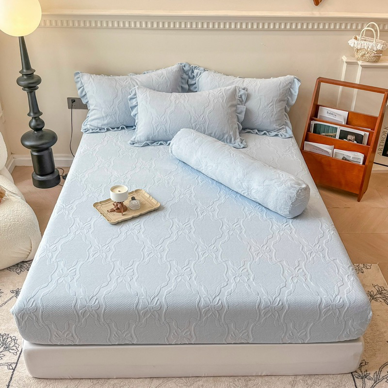 Set ga gối nỉ hàn quốc vân nổi IGUN BEDDING phối ren bèo kèm gối ôm sang chảnh