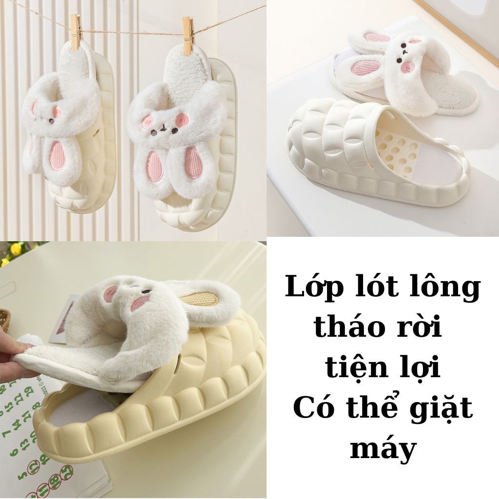 HÀNG LOẠI 1 Dép Bông Đi Trong Nhà Hình Tai Thỏ Dễ Thương Dép Lông Mùa Đông Lớp Trong Tháo Rời Vệ Sinh